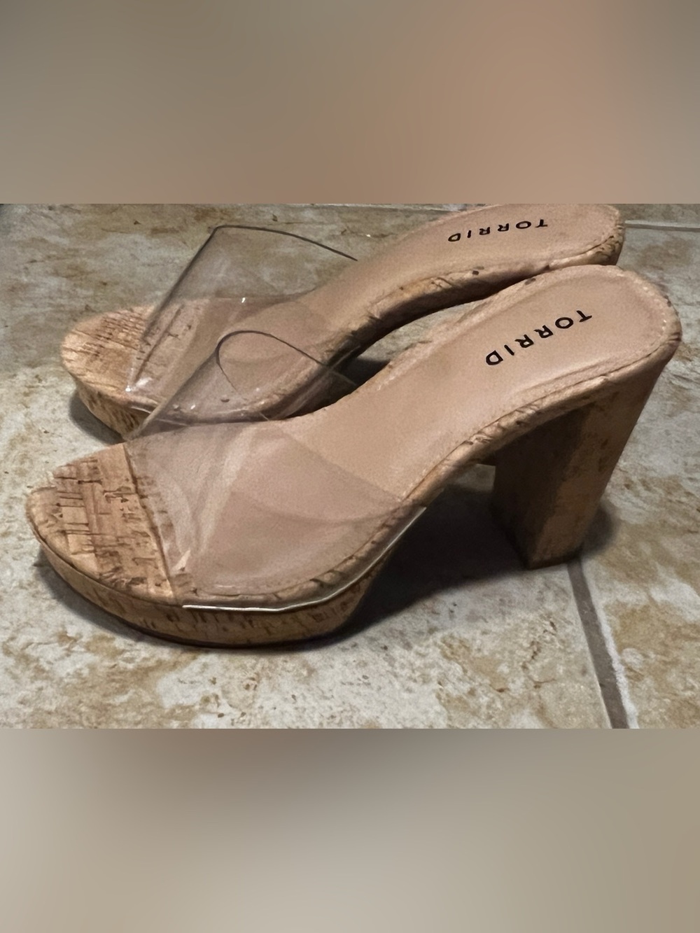 torrid Clear Strap Cork Slide Mules in Nude/Tan